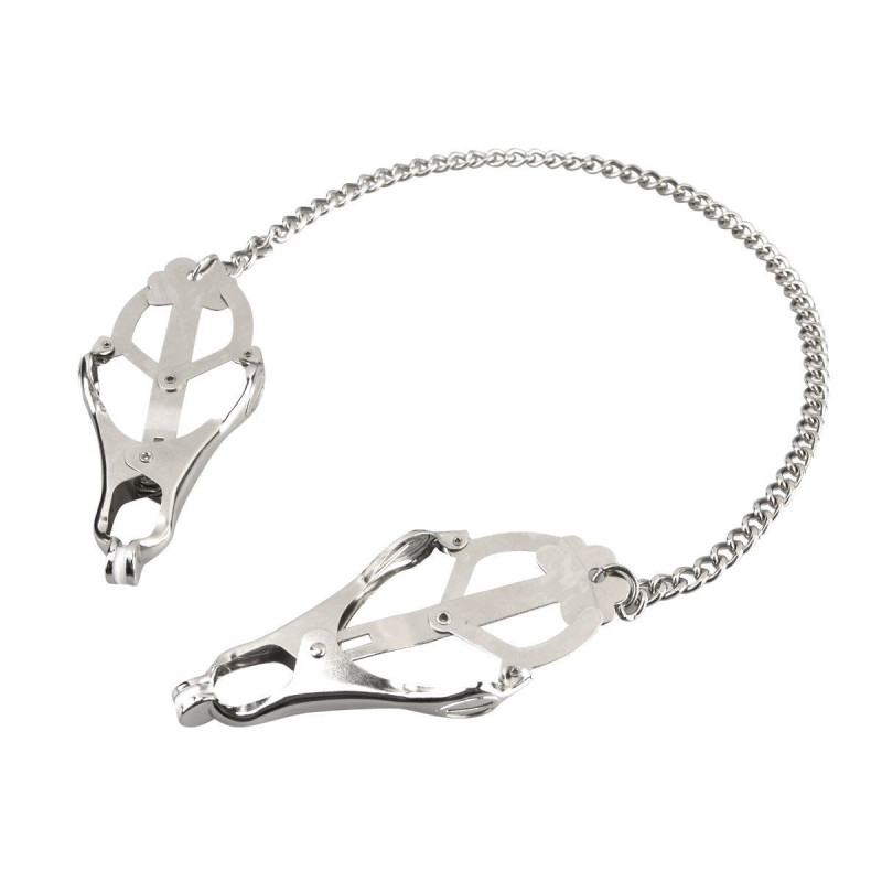Japanese Clover Nipple Clips | Fully Adjustable w/ Chain | Silver | from Lux Fetish Japanese Clover Nipple Clips | Fully Adjustable w/ Chain | Silver | from Lux Fetish